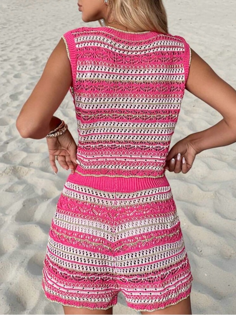 Hot Pink & White Crochet Two-Piece Tank and Shorts Set Bathing Suit Cover Up - Picture 4 of 8